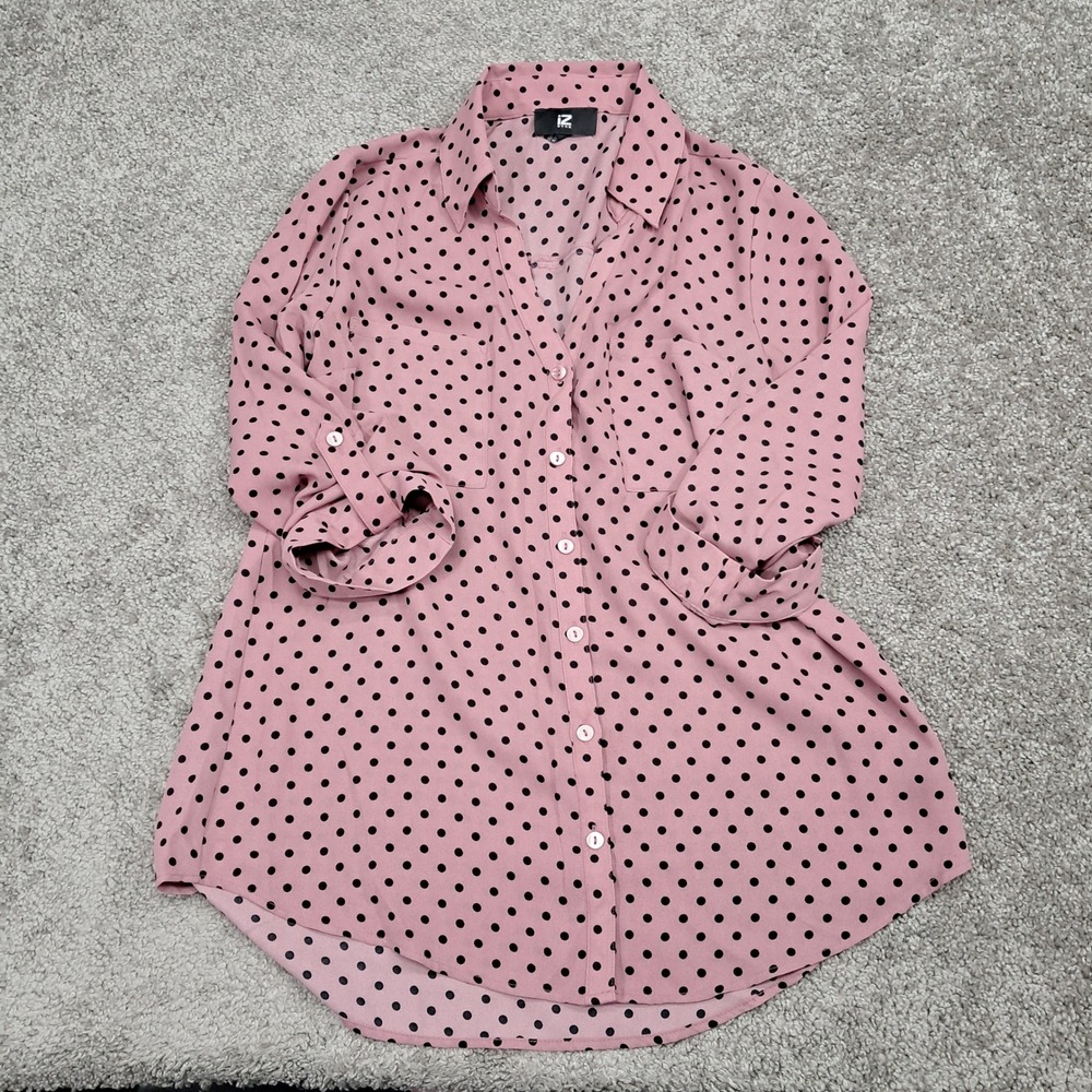 IZ Byer Mens Pink Black Polka Dot Roll Tab Sleeve Button Up Blouse Medium